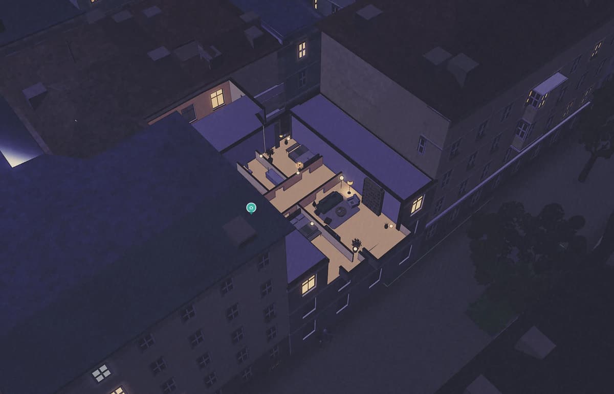 Die Wohnung Schrankgasse 10 am 21. Dezember um 17:30, Lampen an, die Gasse im Dunkeln
