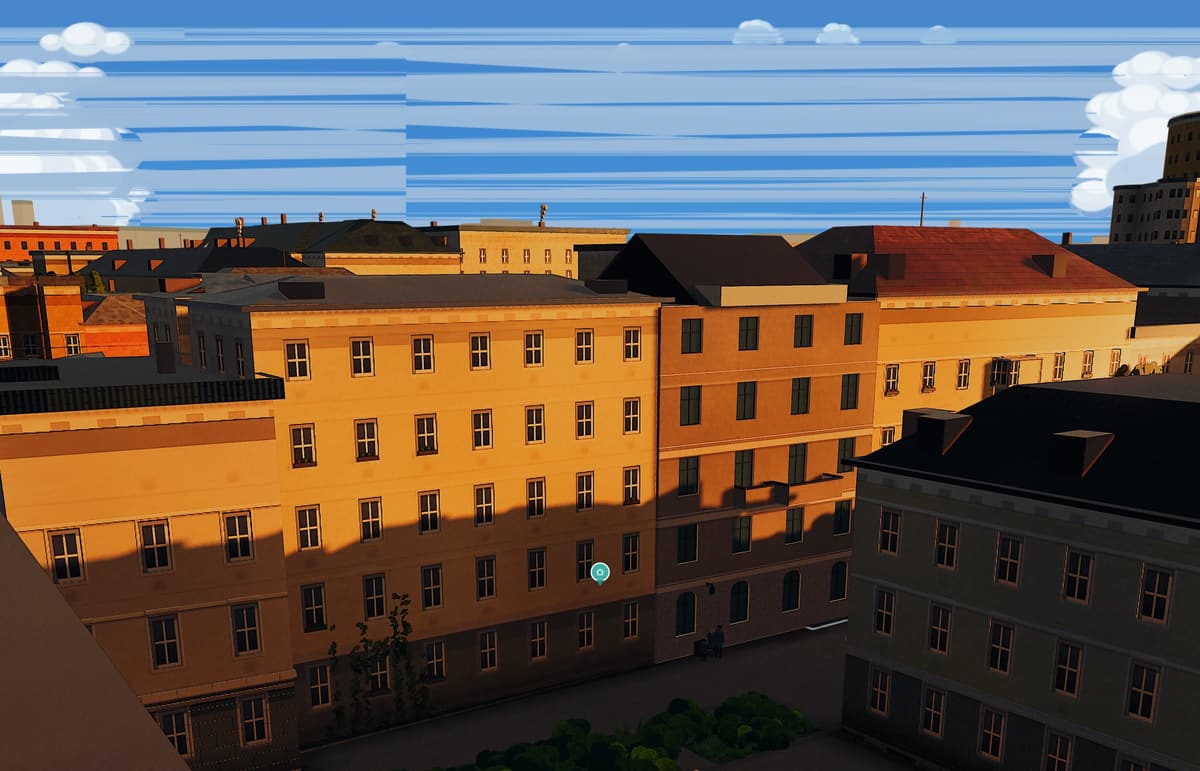 Fassade am 21. Dezember um 14 Uhr: oben Sonne, unten der Schatten des Gegenübers