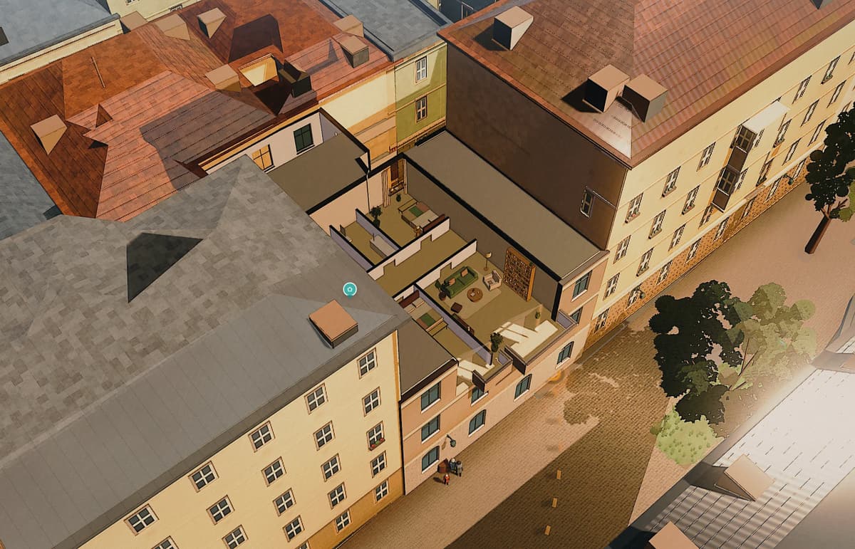 Puppenhaus-Ansicht der Beispielwohnung Schrankgasse 10 am 21. Juni um 15 Uhr: Sonne fällt ins Wohnzimmer