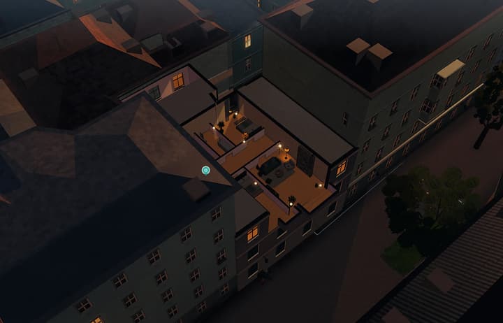 Schrankgasse 10, second floor, 21 December at 9:00: the measured house from above at an angle, calculated with Azima