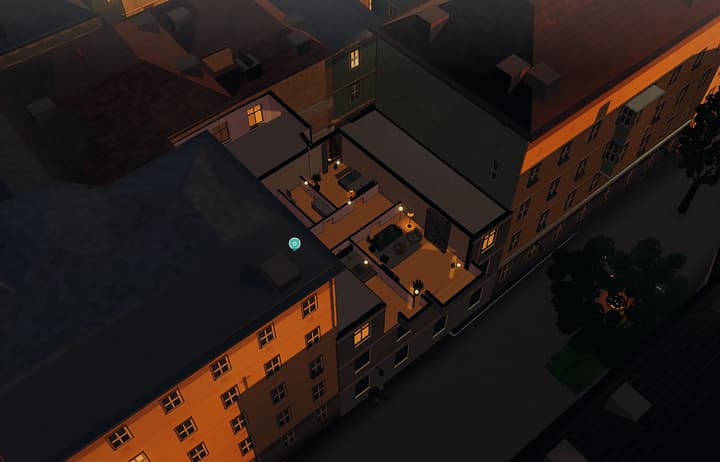 Schrankgasse 10, second floor, 21 December at 15:00: the measured house from above at an angle, calculated with Azima