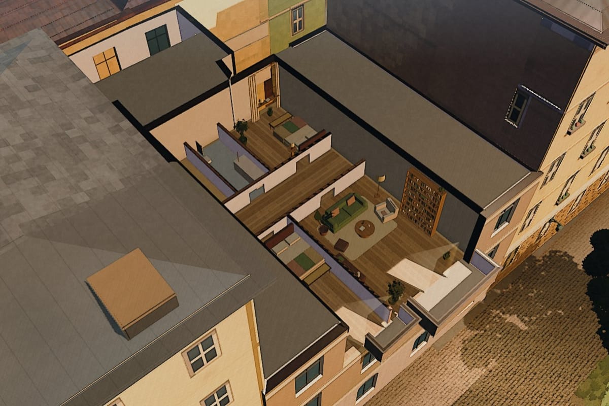 Schrankgasse 10, 2. Stock, von oben aufgeschnitten: die Wohnung mit ihren Räumen und der Nachmittagssonne auf dem Boden, 21. Juni