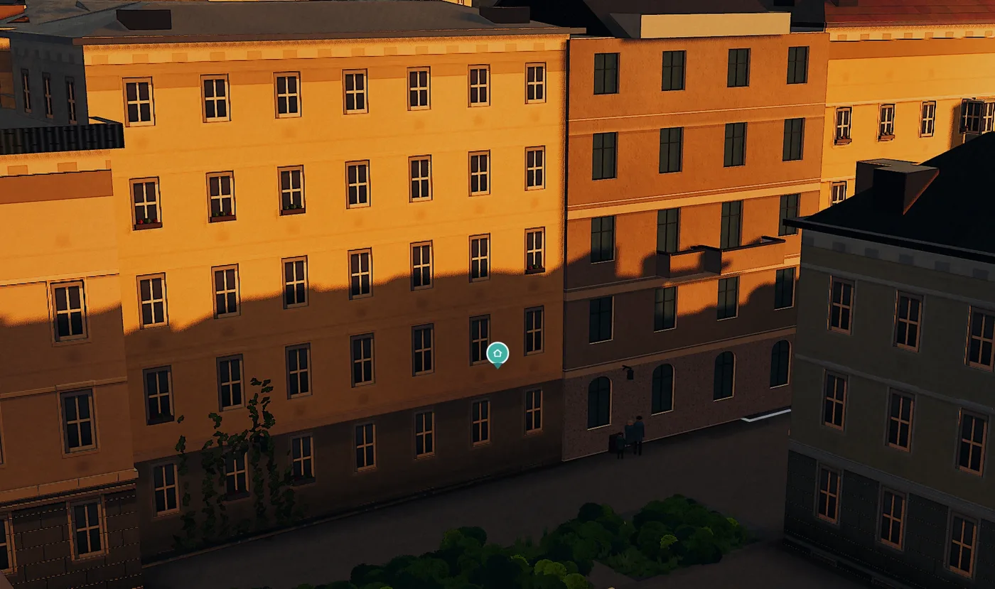 Wiener Gründerzeitfassade am 21. Dezember um 14 Uhr: Die oberen Stockwerke liegen in der Sonne, die unteren im Schatten des Hauses gegenüber.