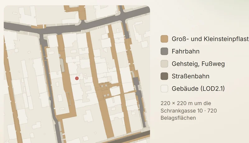 Draufsicht um die Schrankgasse 10: Groß- und Kleinsteinpflaster, Fahrbahn, Gehsteig, Straßenbahn und Gebäude, jede Fläche aus dem Straßeninformationssystem der Stadt.