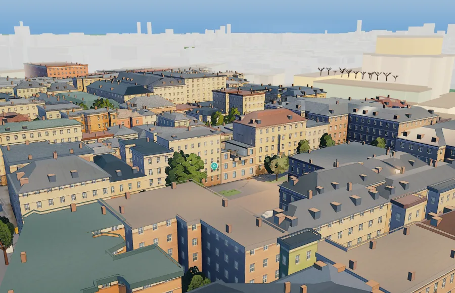 The example building Schrankgasse 10 as a dollhouse: the measured building with its neighbours, the flat opened from above, the sun where it stands this minute.