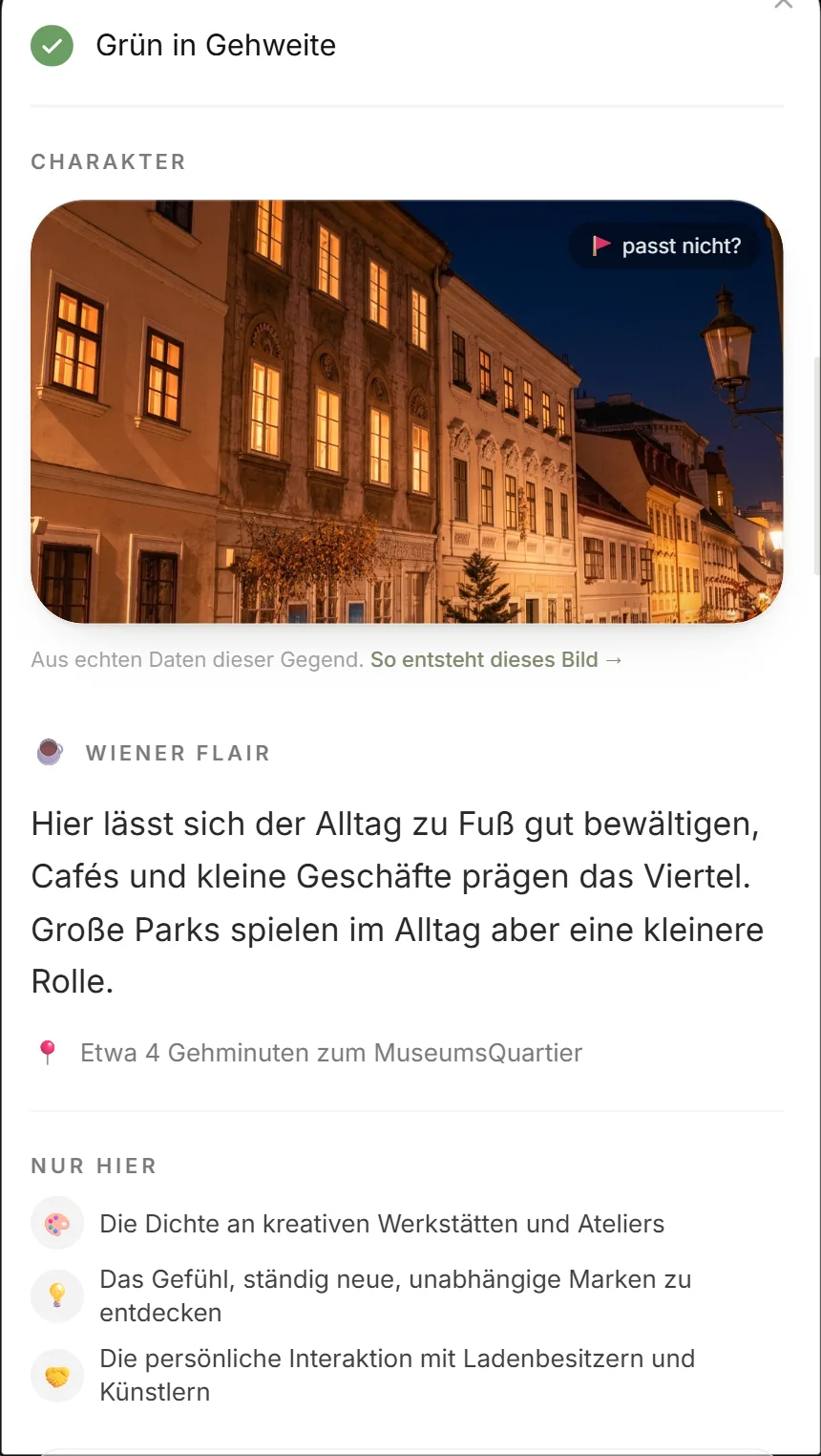 Character section with a real photo of the area at dusk, then Viennese flair and “Only here”.
