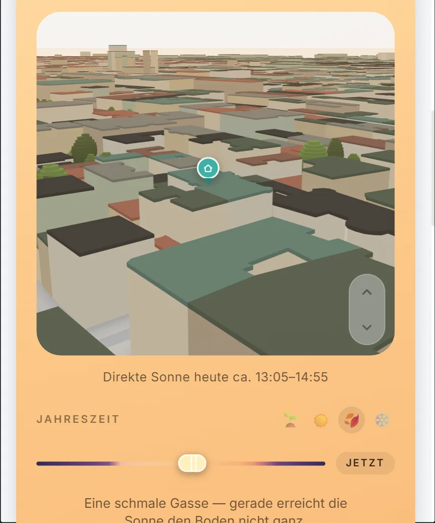 The sun vignette: the surroundings of Schrankgasse 10 in 3D, the own building marked, below “Direct sun today approx. 13:05–14:55” and the time slider.