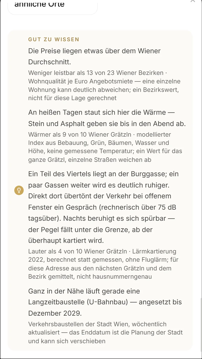 “Good to know”: prices above average, heat on hot days (modelled), traffic on Burggasse, a long-term construction site until 2029.