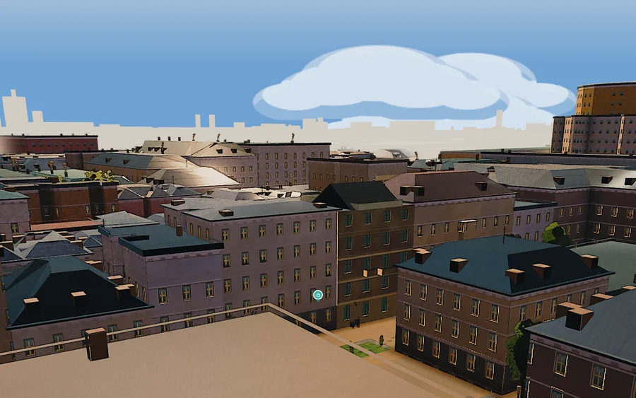 Schrankgasse 10 in the Azima stage at 9 am: low morning sun, long shadows across the roofs.