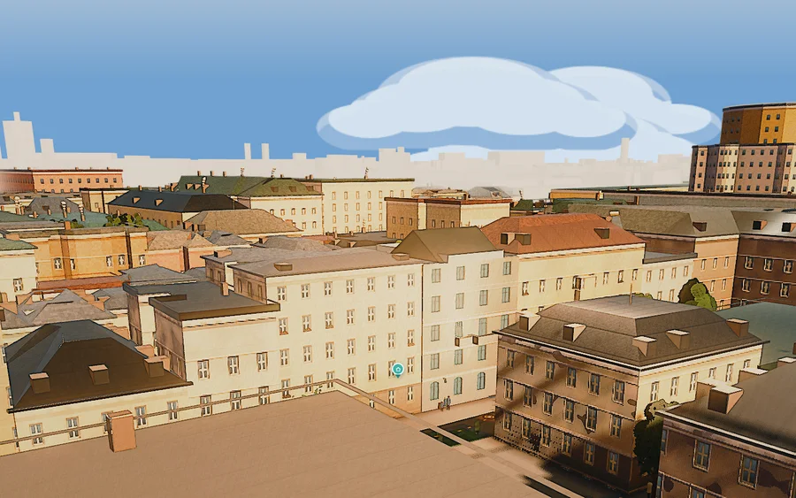 The same scene at 5 pm: the shadows of neighbouring buildings climb the facade.