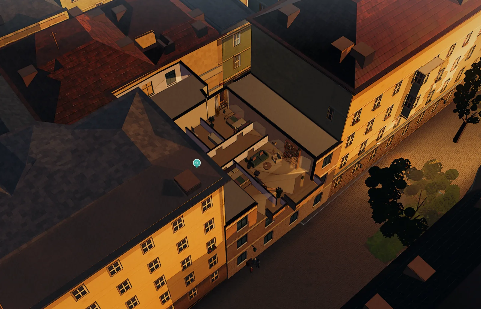 Aufgeschnittenes Haus von schräg oben: eine eingerichtete Wohnung, die Wintersonne fällt durch die Fenster bis auf den Boden eines Zimmers.