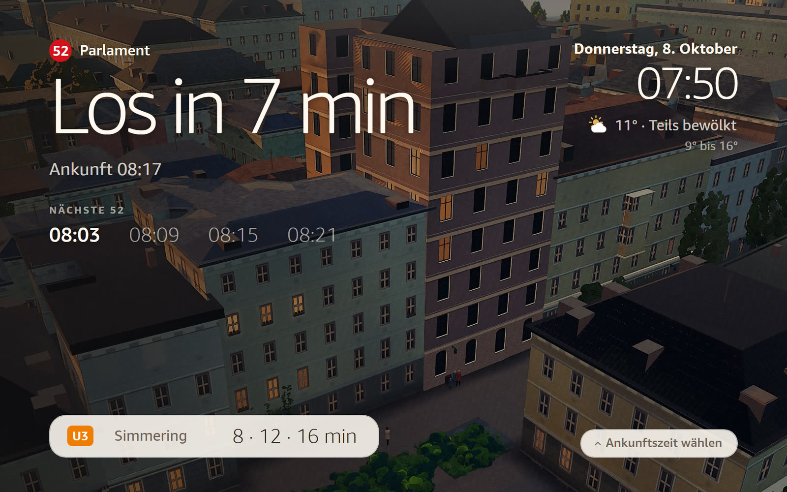 Echo-Show-Bildschirm: groß „Los in 7 min