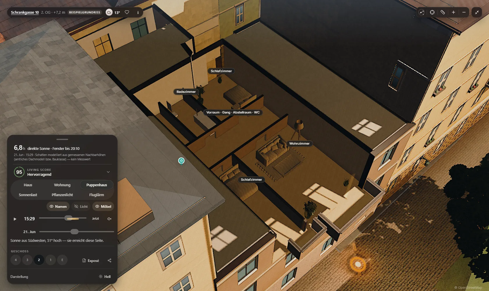 The dollhouse in Azima: one floor of Schrankgasse 10 opened from above, patches of sun on the floor, 6.8 hours of direct sun on 21 June