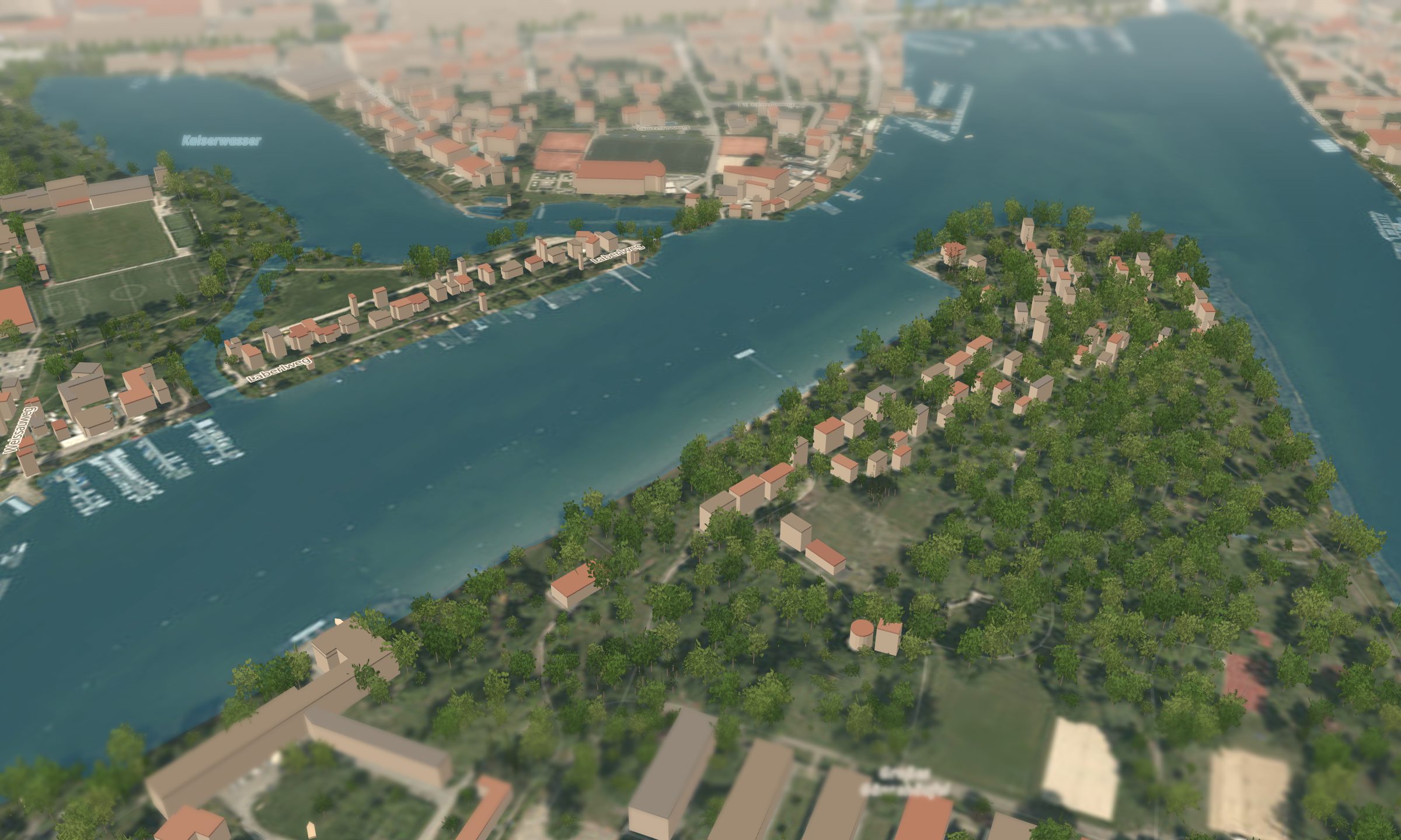 Alte Donau und Gänsehäufel in 3D — Wasser, Ufer und Bäume