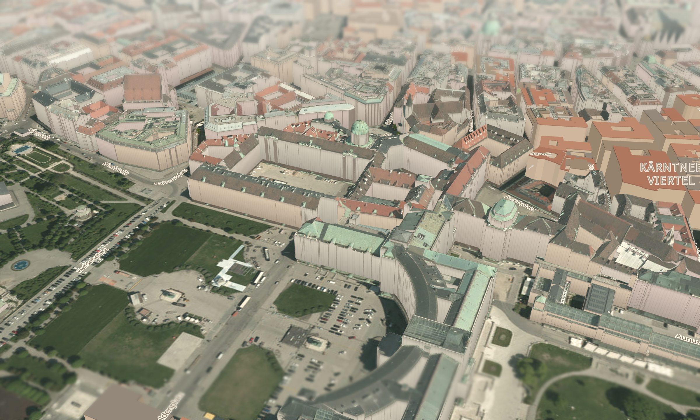 Hofburg und Heldenplatz in 3D — echte Dachformen