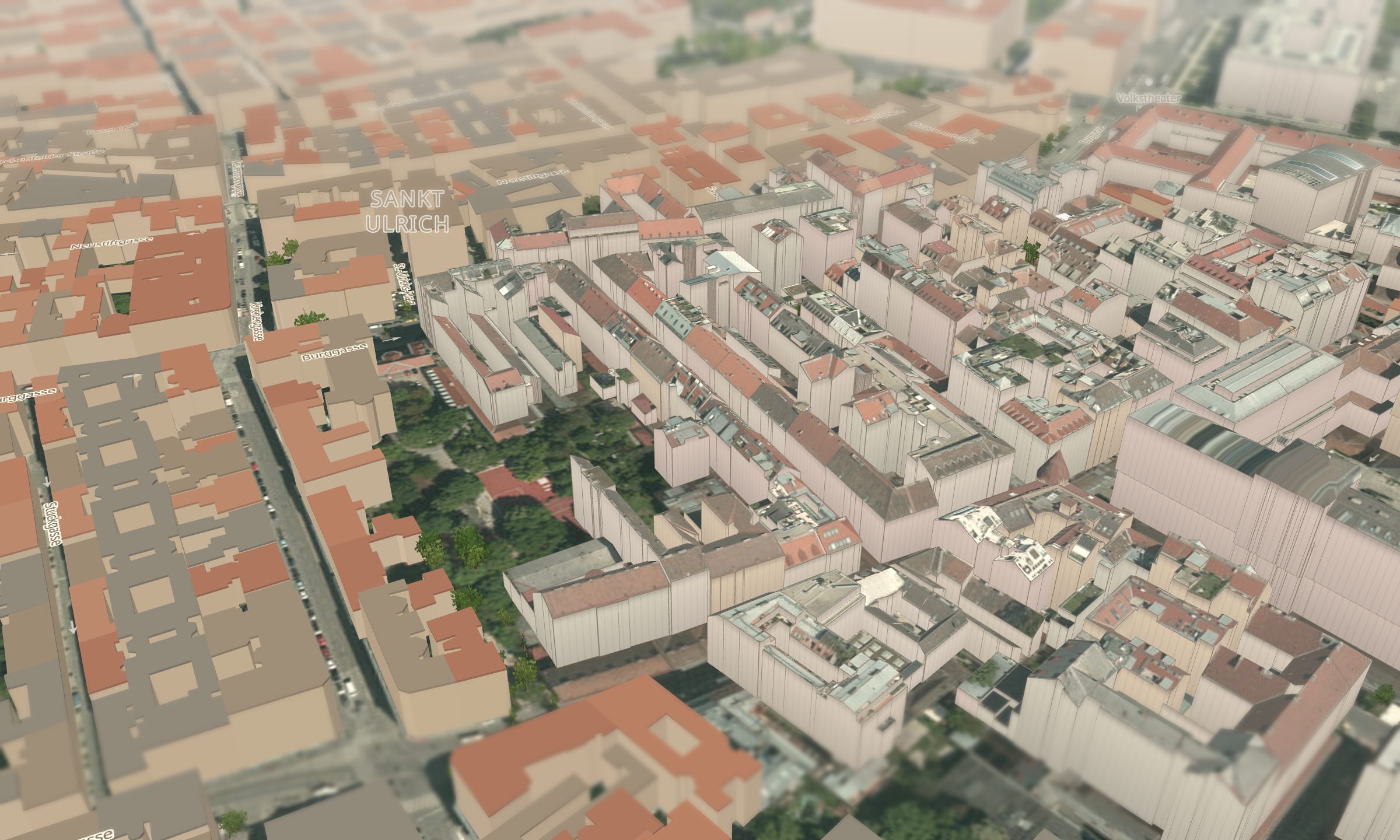 Spittelberg und MuseumsQuartier in 3D — Biedermeier-Gassen mit Foto-Dächern