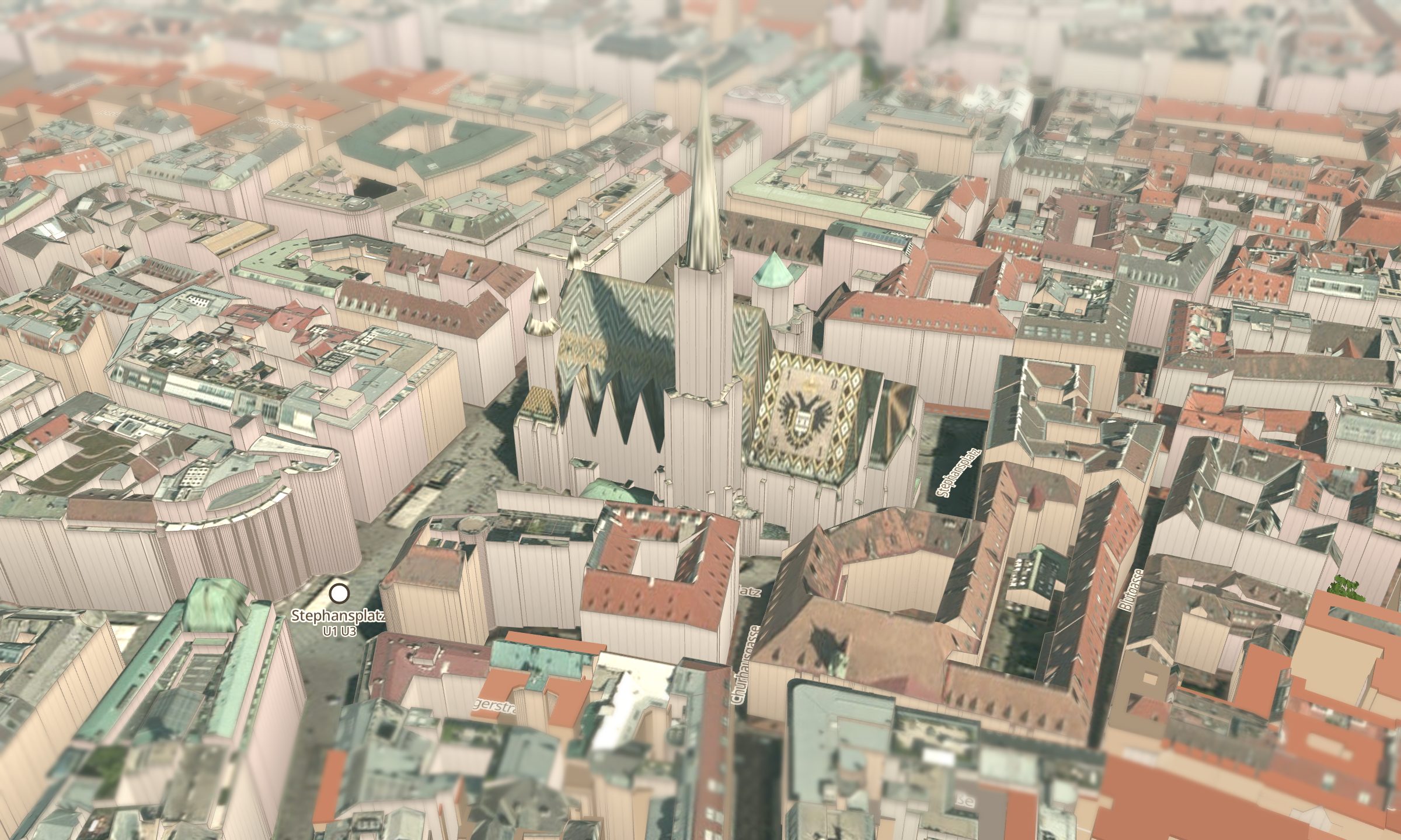 Stephansdom und Innere Stadt in 3D — echte Dachformen aus dem Stadt-Wien-Baukörpermodell